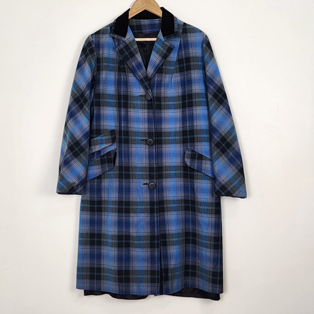 Vtg 60s Blue Shadow Plaid Lightweight Long Coat Black Velvet Collar Union Made
